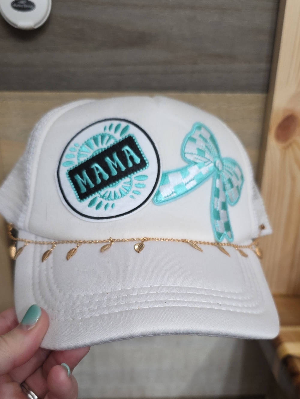 MAMA Embroidered Womans Cap in White with Teal Accents